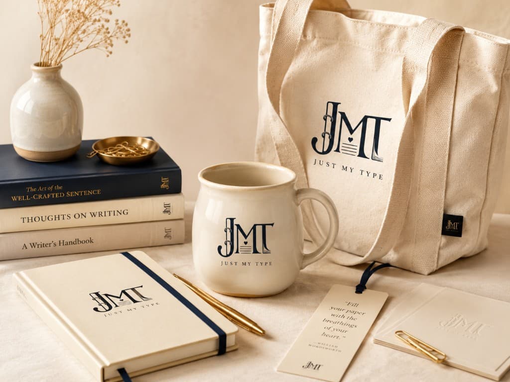 Just My Type merch: cream tote, mug, hardcover books, notebook, gold pen, and bookmark